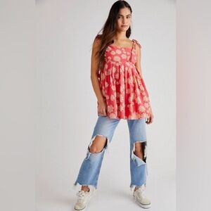 NWT Free People Indigo Molly Floral Cotton Babydoll Tunic Hollyhock Combo Sz S